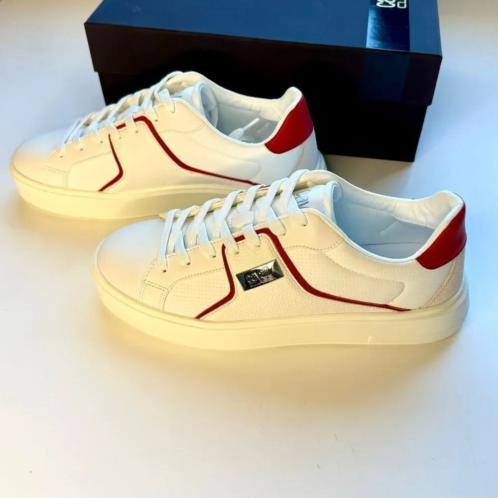 NWT Roberto Cavalli metal logo low top men sneaker in white with red accent Size